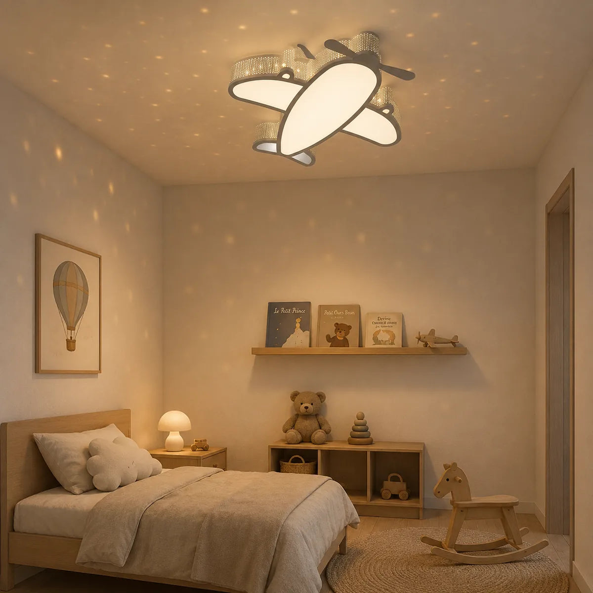 Plafonnier avion en acrylique blanc projetant des points lumineux dans une chambre d'enfant