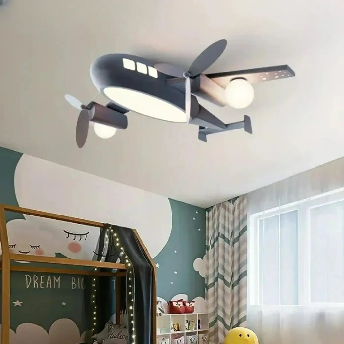Plafonnier Avion Hublots Gris Chambre Enfant - Dalumea - vue 1