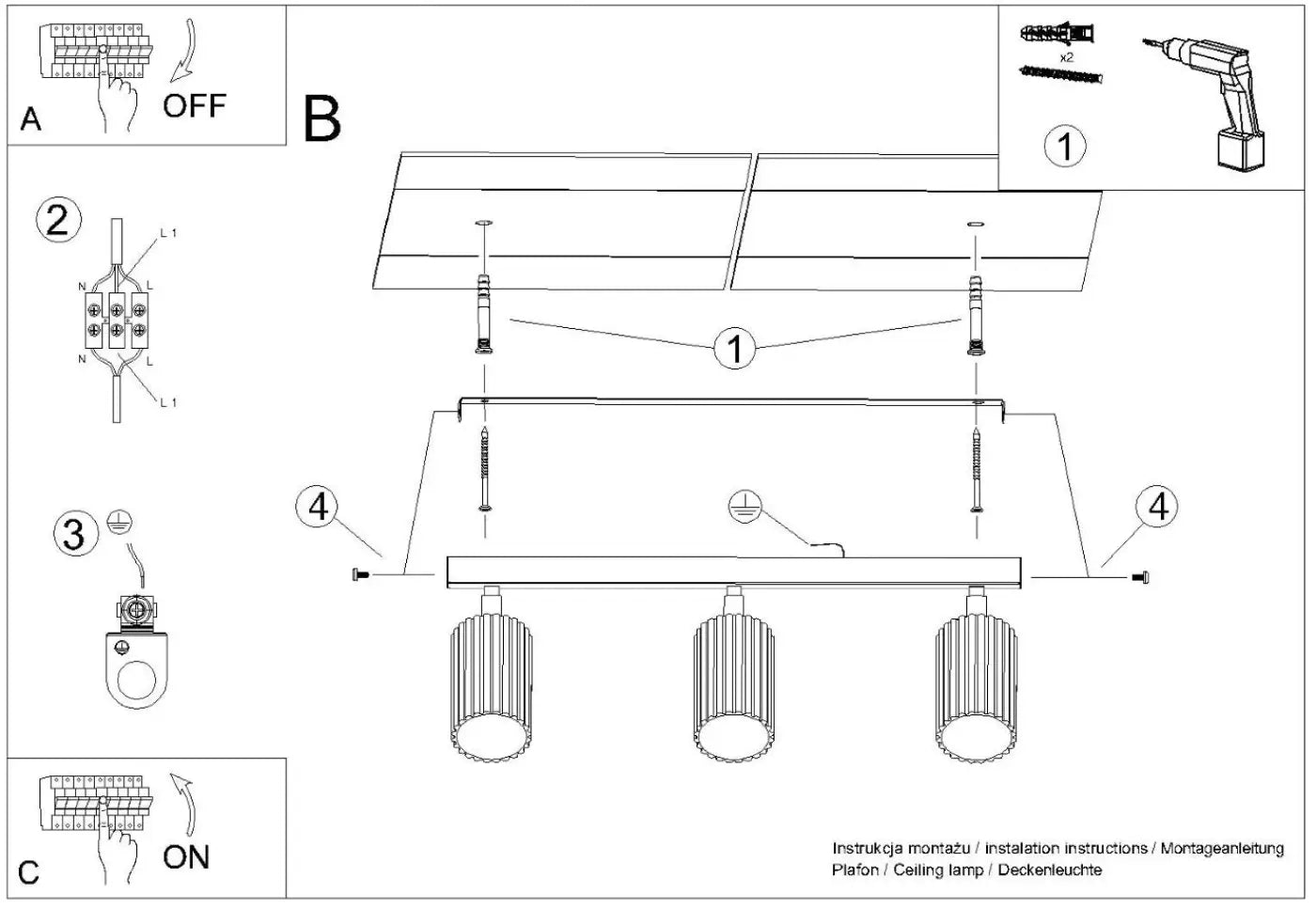 Plafonnier luminaire plafonnier beige a trois spots tubulaires canneles - beige - Dalumea - vue 13