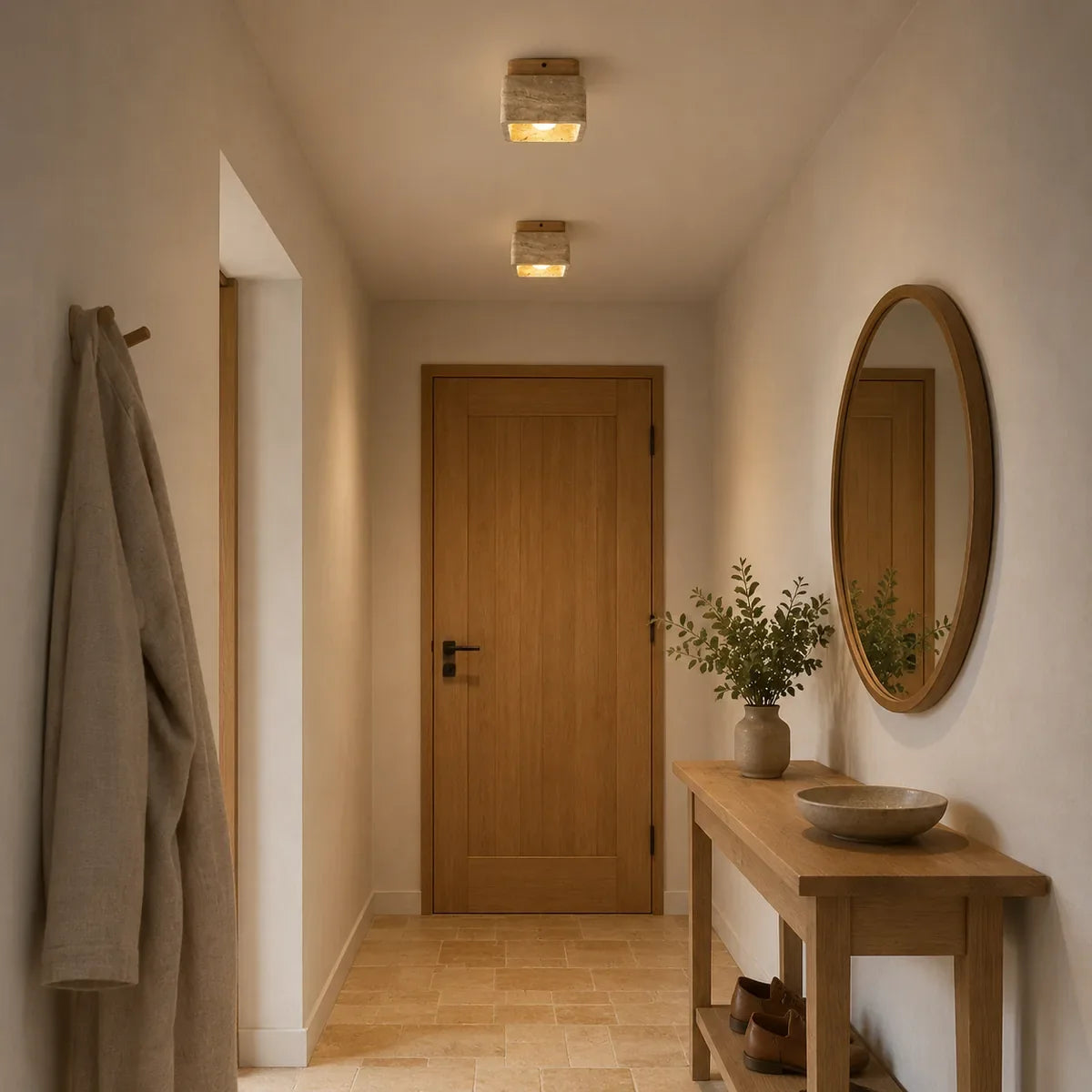 Plafonnier Travertin Bois Naturel installé en double dans une entrée