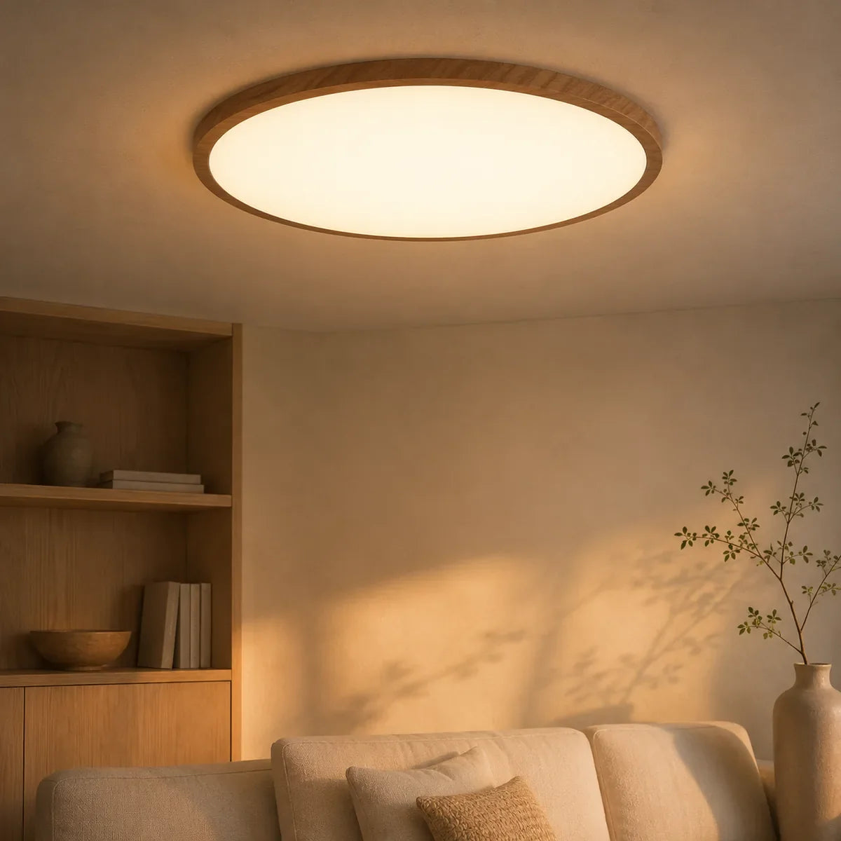 Plafonnier LED Rond Effet Bois dans un intérieur scandinave en chêne blond