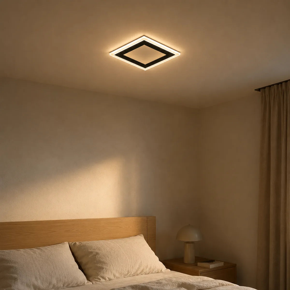 Plafonnier LED carré noir et blanc allumé au-dessus d'un lit en lin dans une chambre apaisante