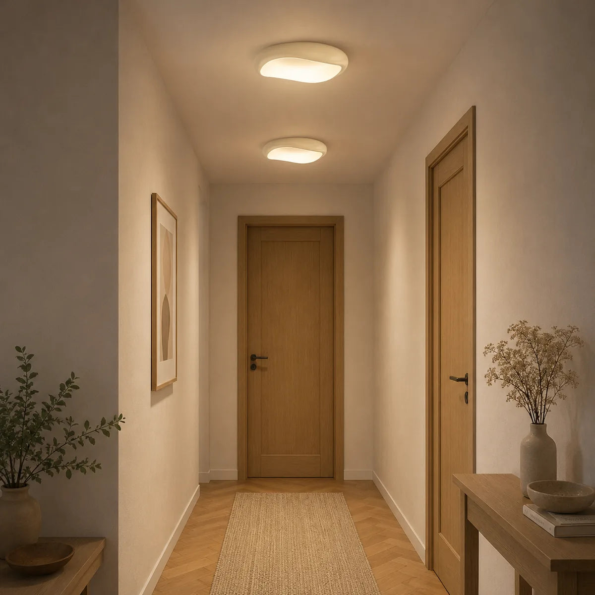 Plafonniers galets blancs en acrylique dépoli alignés dans un couloir en parquet chêne