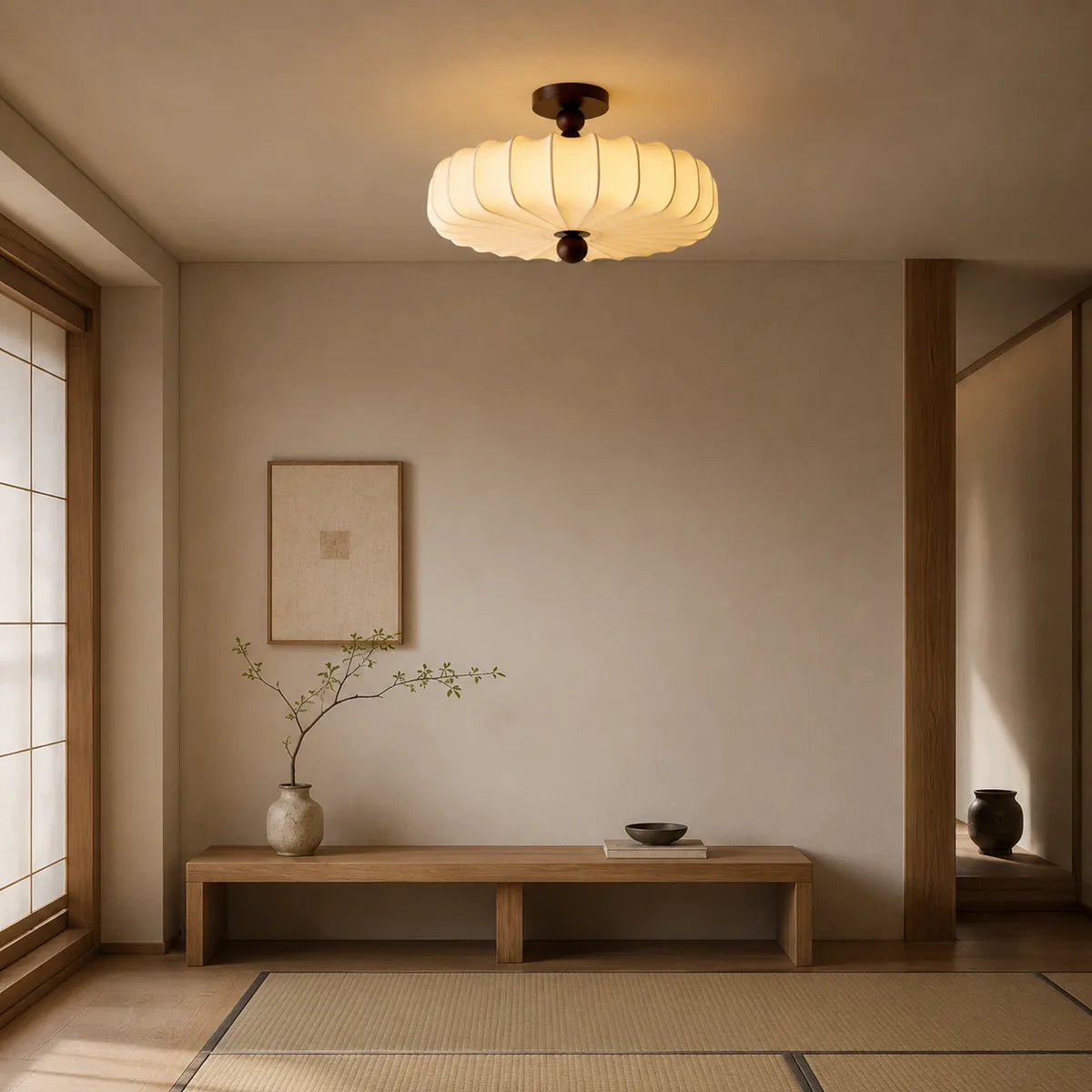 Plafonnier japandi en tissu plissé ivoire et bois foncé dans une pièce en tatami
