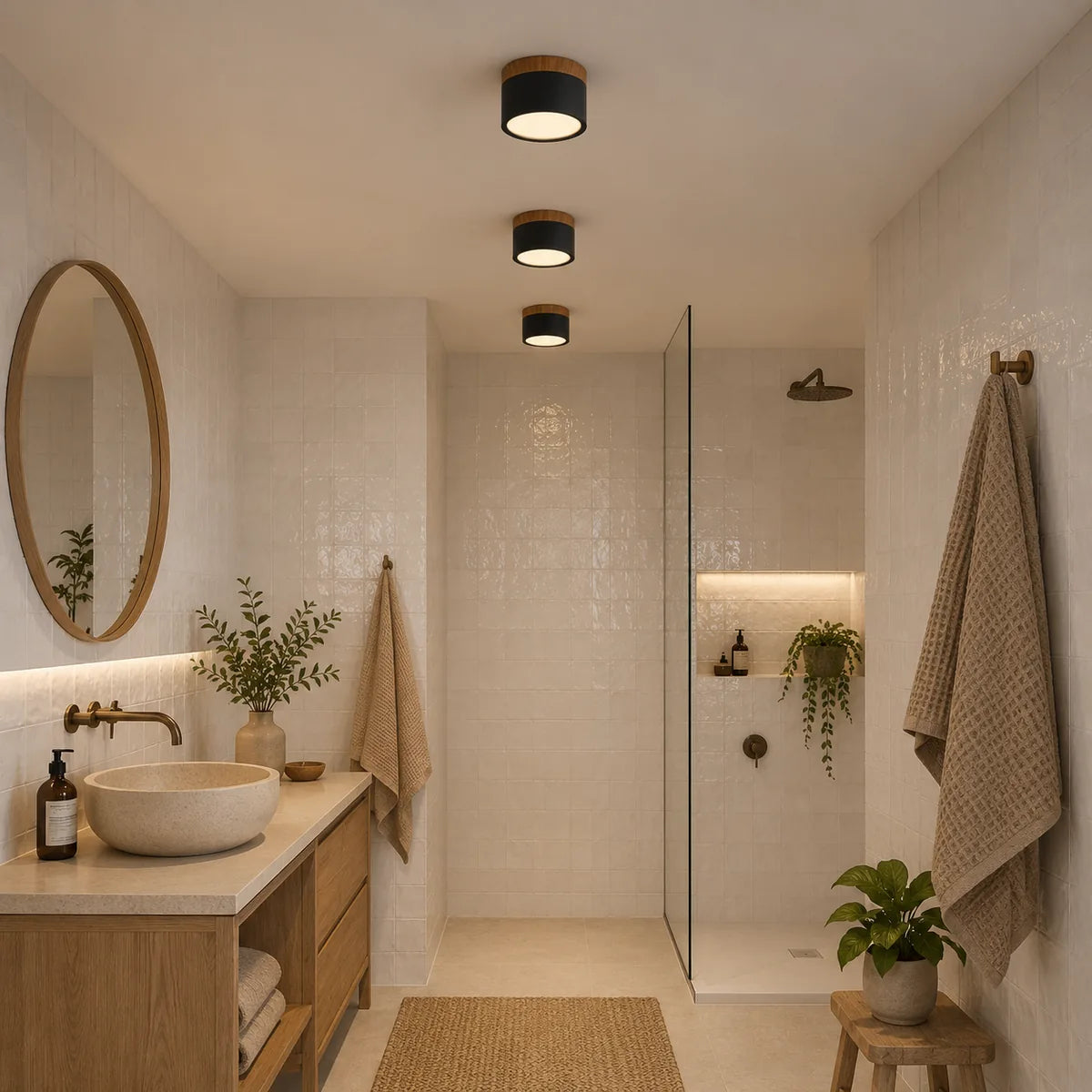 Plafonniers cylindriques noir et bois IP65 alignés dans une salle de bain en zellige clair