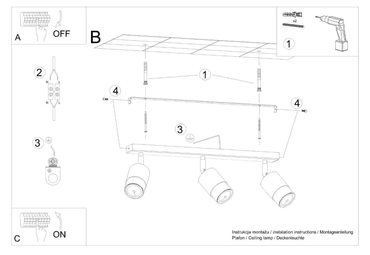 Plafonnier 3 Spots Orientables Noir Doré - Dalumea - vue 8