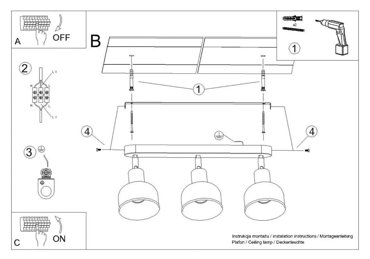 Plafonnier luminaire plafonnier noir 3 spots design moderne - noir - Dalumea - vue 14