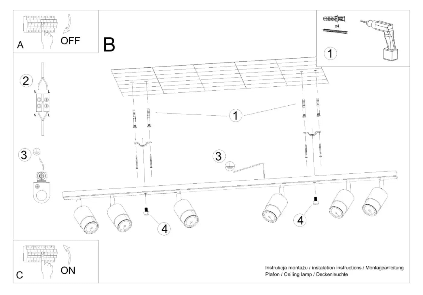 Plafonnier 6 Spots Orientables Noir Chromé - Dalumea - vue 8