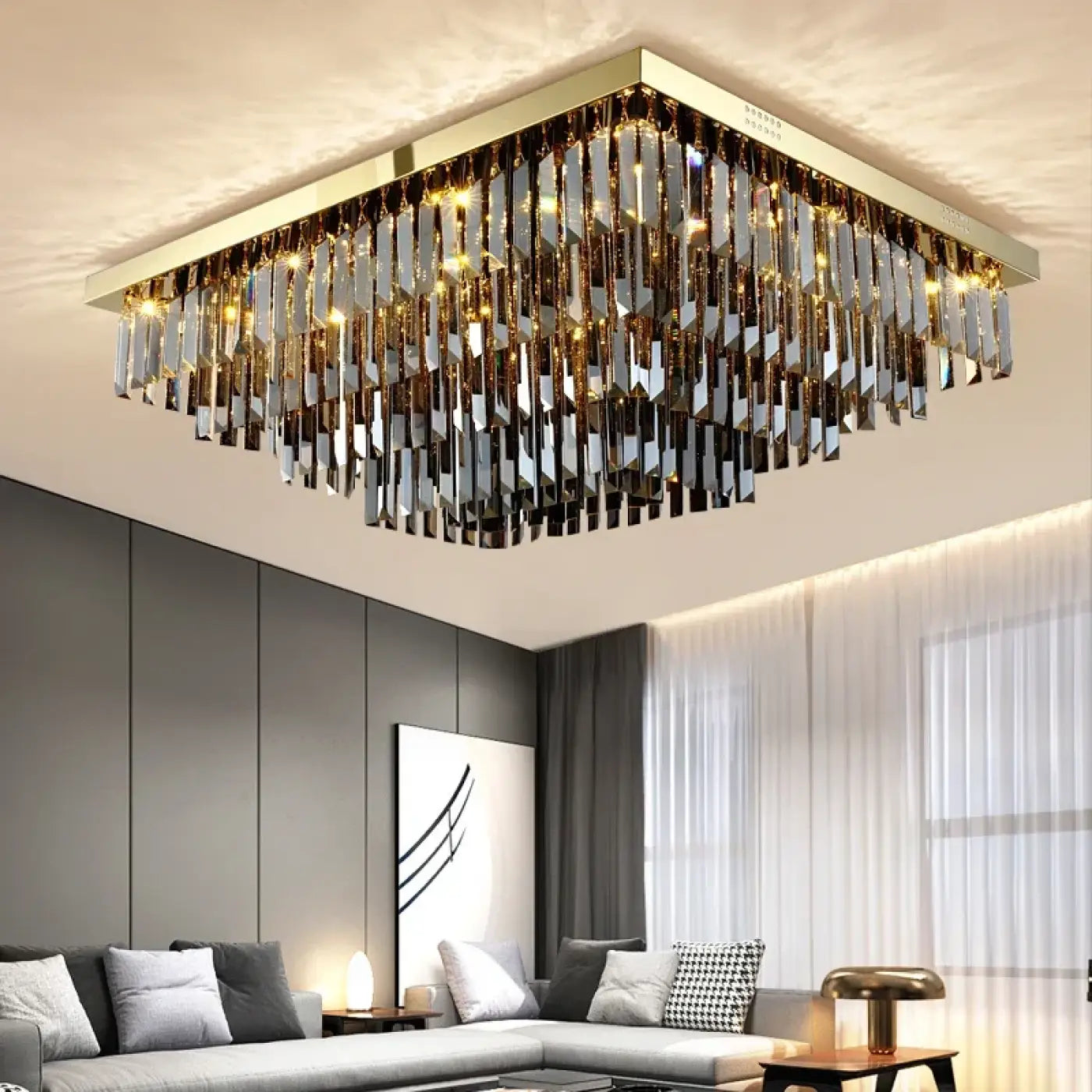 Plafonnier Cristal Carré Doré Design Moderne - Dalumea - vue 2