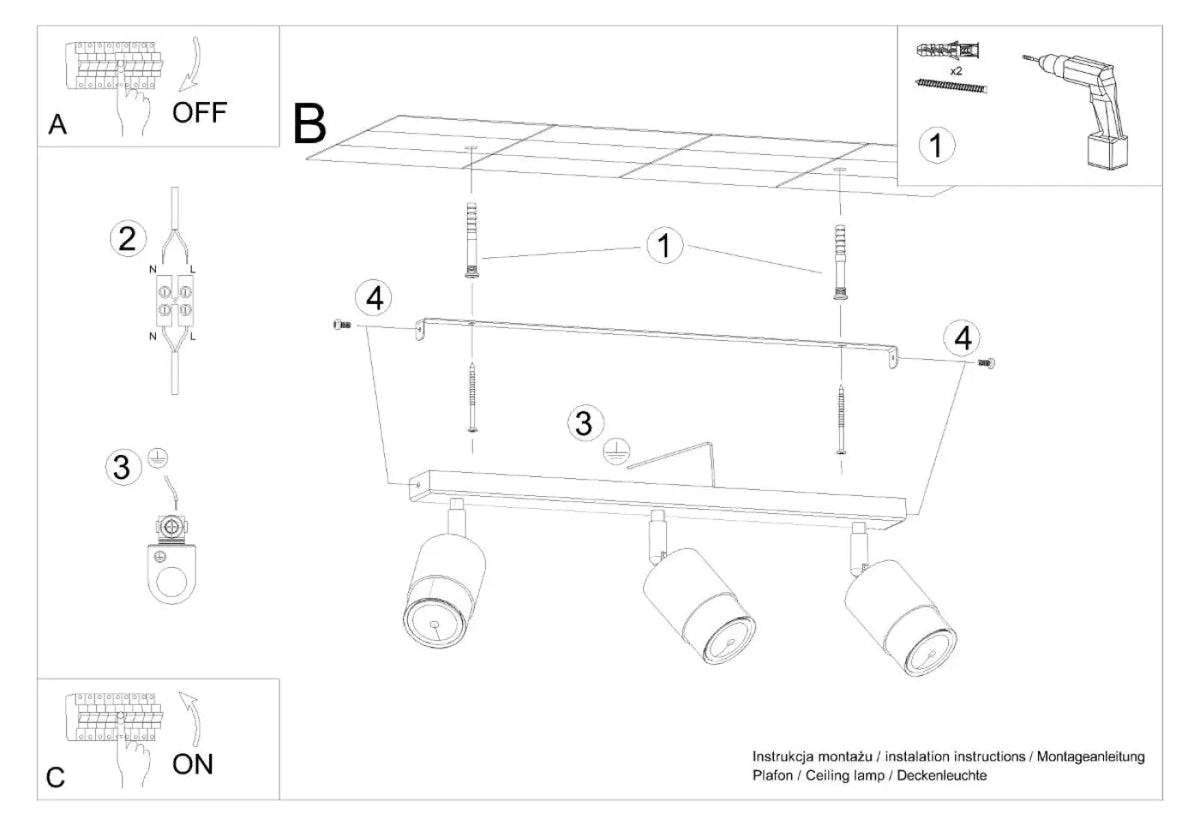 Plafonnier 3 Spots Orientables Noir Chrome - Dalumea - vue 8