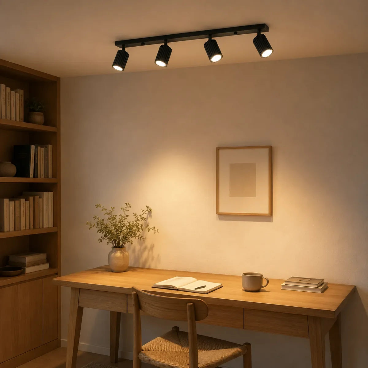 Plafonnier 4 Spots Orientables Cannelé Noir éclairant un bureau en chêne