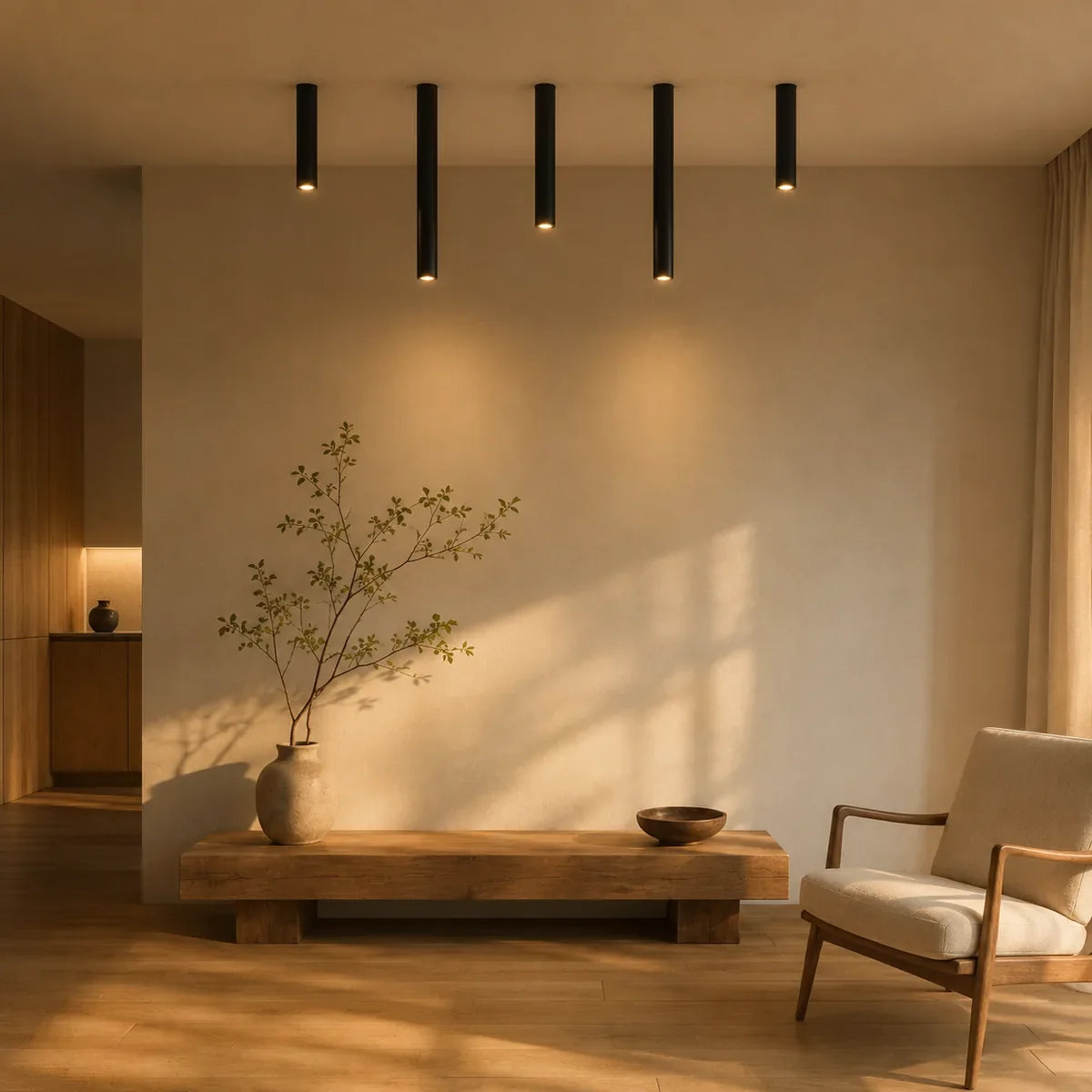 Plafonnier Tube LED Minimaliste installé en rangée de cinq dans un séjour épuré