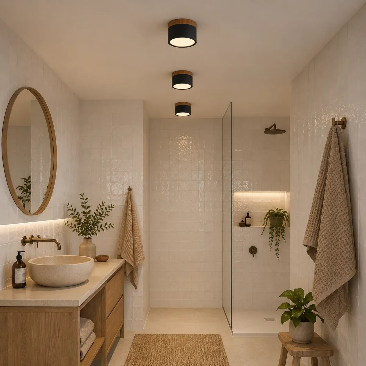 Plafonnier Noir et Bois installé en triple dans une salle de bain en zellige